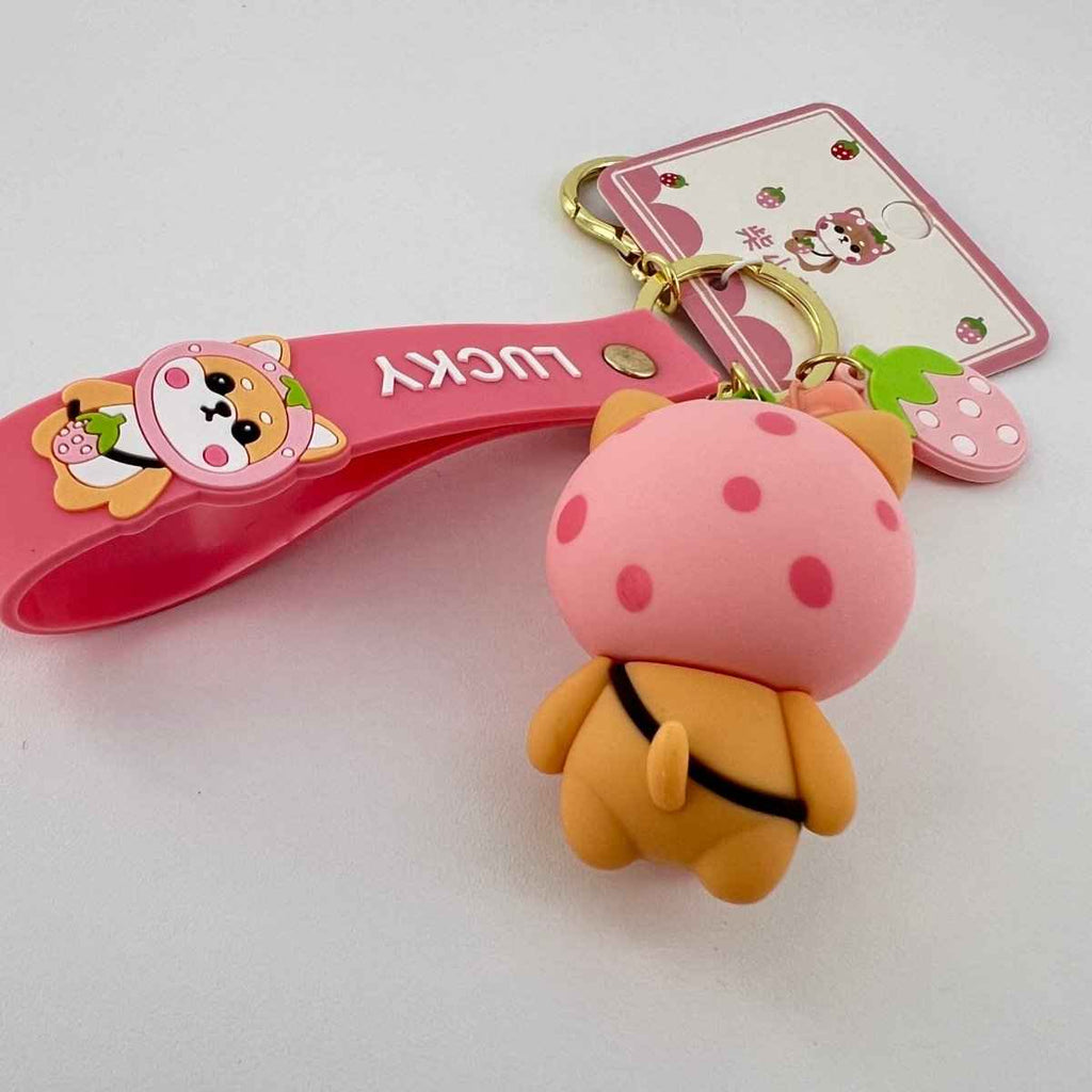 Pink Strawberry Shiba Inu Keychain, Zinc Alloy Keyring, Cute Kawaii Bag Charm, Everyday Purse Accessory Gift For Women